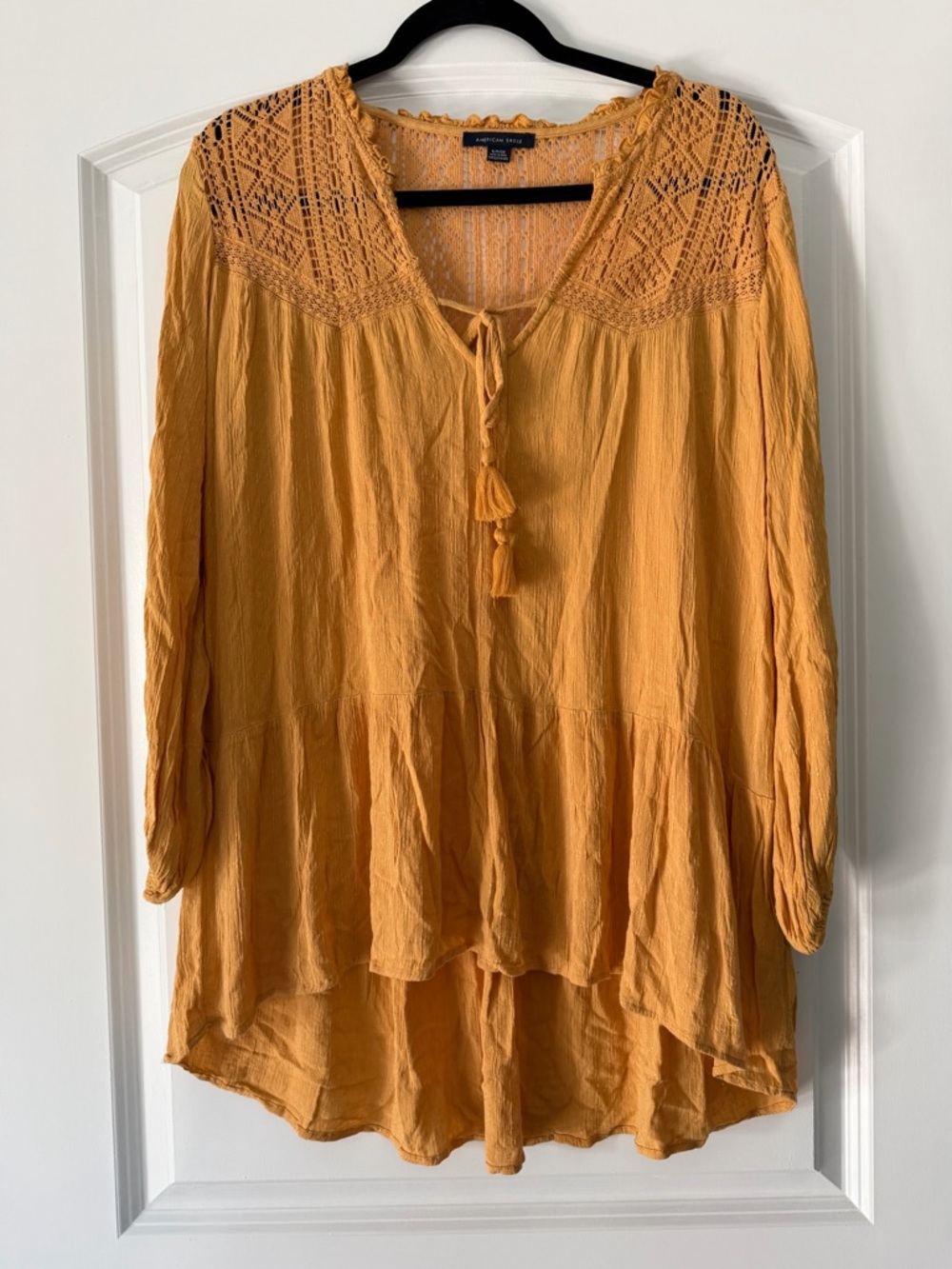 American Eagle Outfitters Mustard Crochet Yoke Peasant Tunic